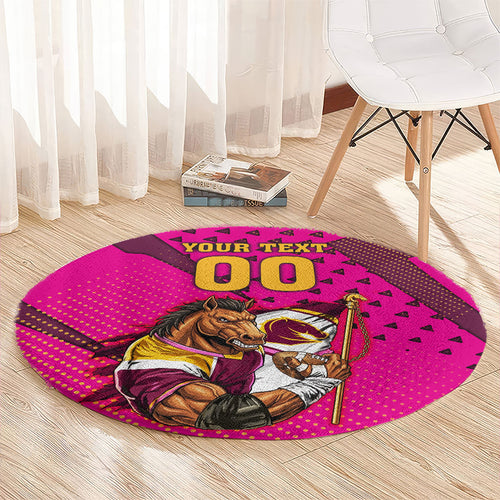 Custom Rugby Broncos Round Carpet Muscular Horse Mascot With Flag In Pink