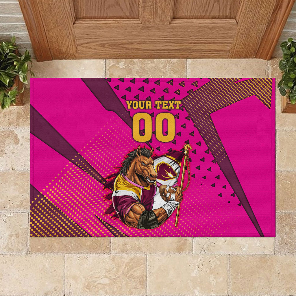 Custom Rugby Broncos Rubber Doormat Muscular Horse Mascot With Flag In Pink