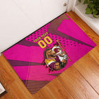 Custom Rugby Broncos Rubber Doormat Muscular Horse Mascot With Flag In Pink