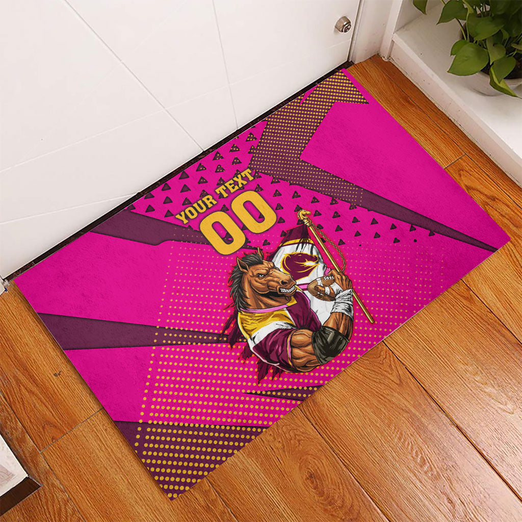 Custom Rugby Broncos Rubber Doormat Muscular Horse Mascot With Flag In Pink