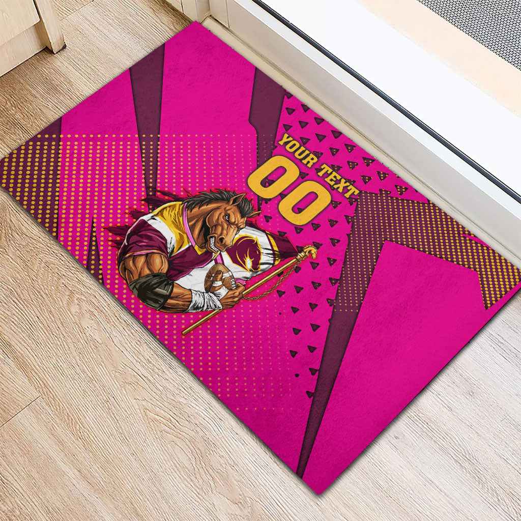 Custom Rugby Broncos Rubber Doormat Muscular Horse Mascot With Flag In Pink