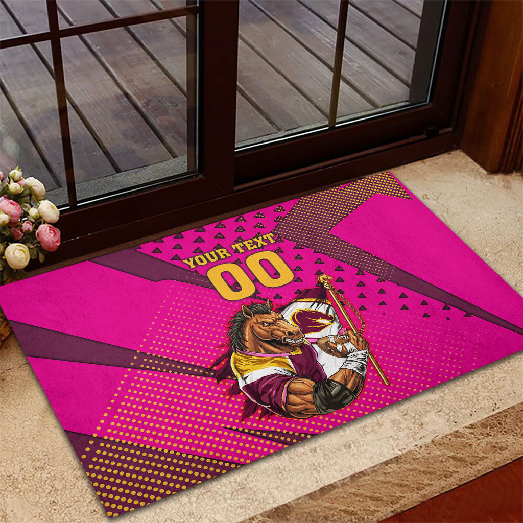Custom Rugby Broncos Rubber Doormat Muscular Horse Mascot With Flag In Pink