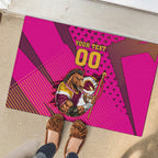 Custom Rugby Broncos Rubber Doormat Muscular Horse Mascot With Flag In Pink