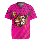 Custom Rugby Broncos Rugby Jersey Muscular Horse Mascot With Flag In Pink