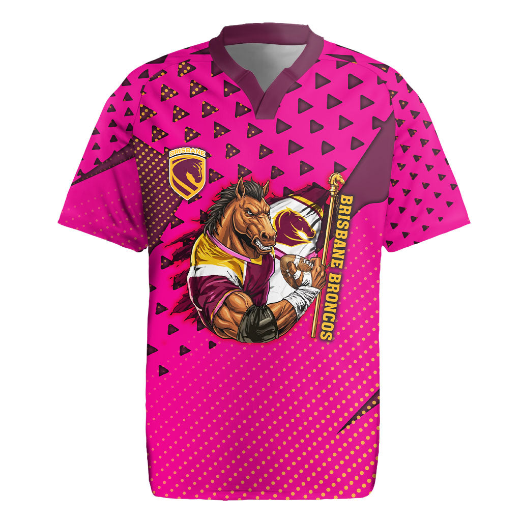 Custom Rugby Broncos Rugby Jersey Muscular Horse Mascot With Flag In Pink