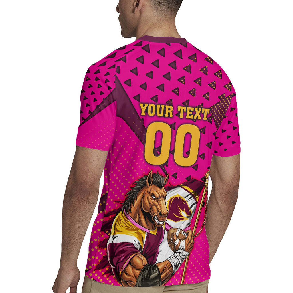 Custom Rugby Broncos Rugby Jersey Muscular Horse Mascot With Flag In Pink