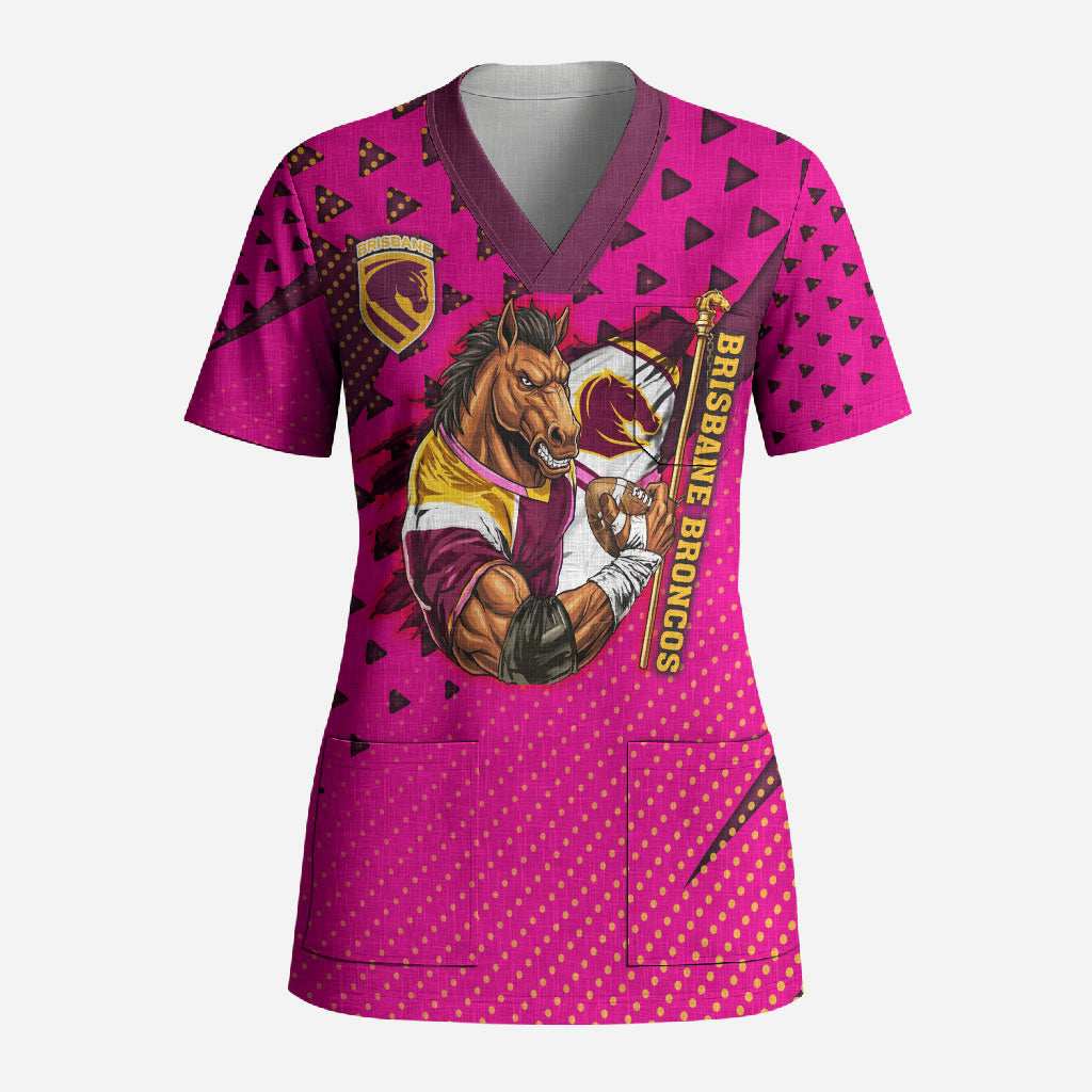 Custom Rugby Broncos Scrub Top Muscular Horse Mascot With Flag In Pink