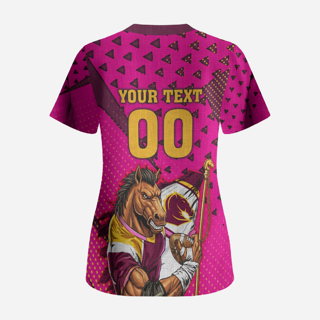 Custom Rugby Broncos Scrub Top Muscular Horse Mascot With Flag In Pink