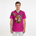 Custom Rugby Broncos Scrub Top Muscular Horse Mascot With Flag In Pink