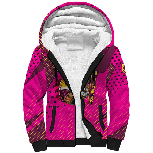 Custom Rugby Broncos Sherpa Hoodie Muscular Horse Mascot With Flag In Pink