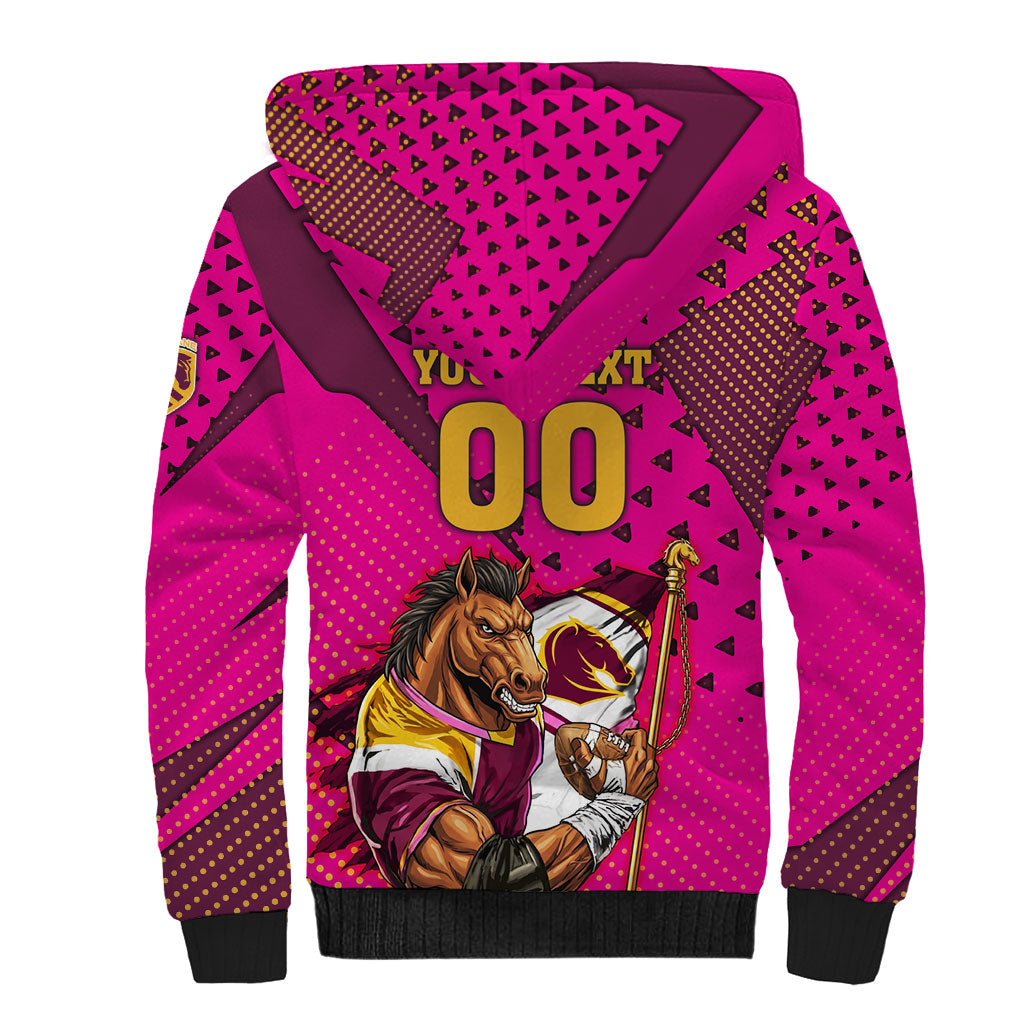 Custom Rugby Broncos Sherpa Hoodie Muscular Horse Mascot With Flag In Pink