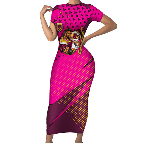 Custom Rugby Broncos Short Sleeve Bodycon Dress Muscular Horse Mascot With Flag In Pink