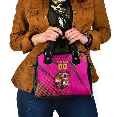 Custom Rugby Broncos Shoulder Handbag Muscular Horse Mascot With Flag In Pink