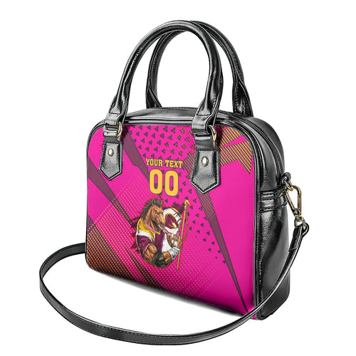 Custom Rugby Broncos Shoulder Handbag Muscular Horse Mascot With Flag In Pink