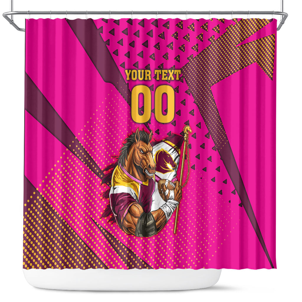 Custom Rugby Broncos Shower Curtain Muscular Horse Mascot With Flag In Pink