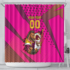 Custom Rugby Broncos Shower Curtain Muscular Horse Mascot With Flag In Pink