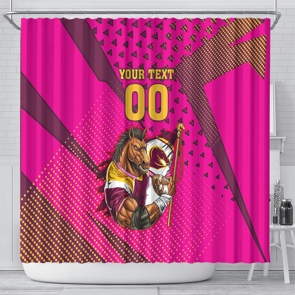 Custom Rugby Broncos Shower Curtain Muscular Horse Mascot With Flag In Pink