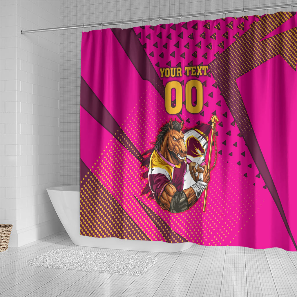 Custom Rugby Broncos Shower Curtain Muscular Horse Mascot With Flag In Pink