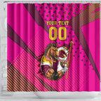 Custom Rugby Broncos Shower Curtain Muscular Horse Mascot With Flag In Pink