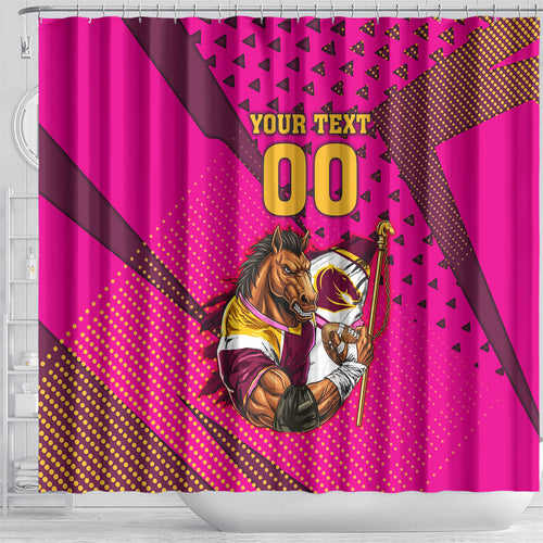 Custom Rugby Broncos Shower Curtain Muscular Horse Mascot With Flag In Pink