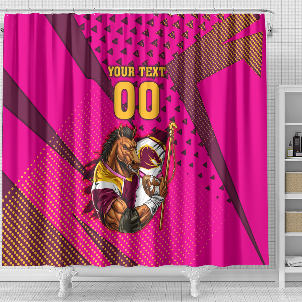Custom Rugby Broncos Shower Curtain Muscular Horse Mascot With Flag In Pink