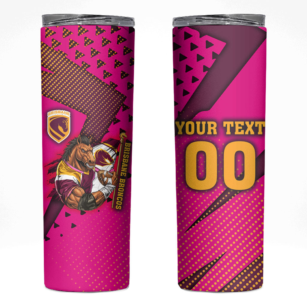 Custom Rugby Broncos Skinny Tumbler Muscular Horse Mascot With Flag In Pink
