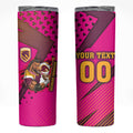 Custom Rugby Broncos Skinny Tumbler Muscular Horse Mascot With Flag In Pink