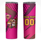 Custom Rugby Broncos Skinny Tumbler Muscular Horse Mascot With Flag In Pink