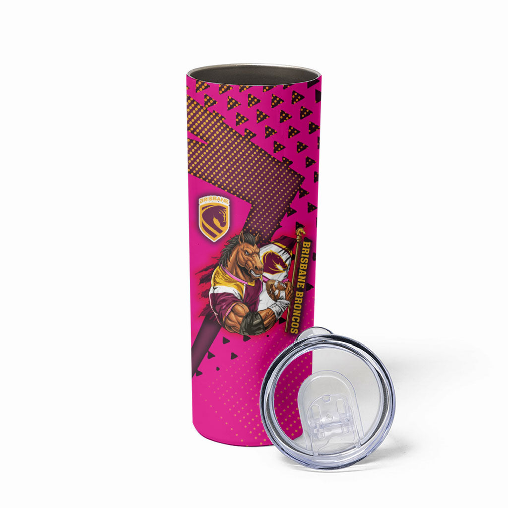 Custom Rugby Broncos Skinny Tumbler Muscular Horse Mascot With Flag In Pink