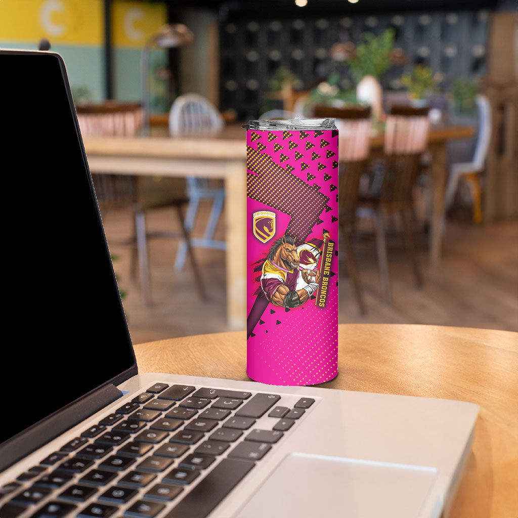 Custom Rugby Broncos Skinny Tumbler Muscular Horse Mascot With Flag In Pink