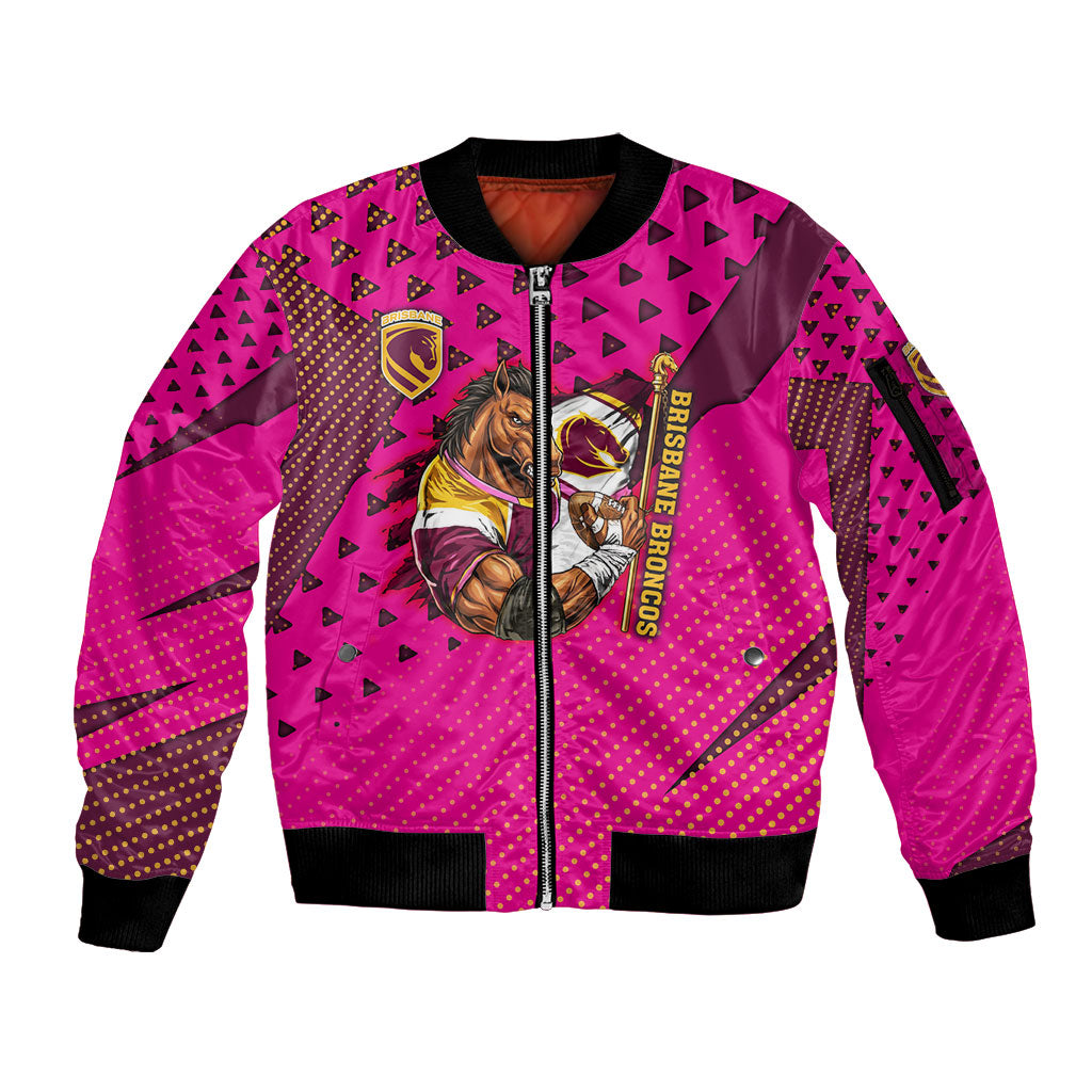 Custom Rugby Broncos Sleeve Zip Bomber Jacket Muscular Horse Mascot With Flag In Pink