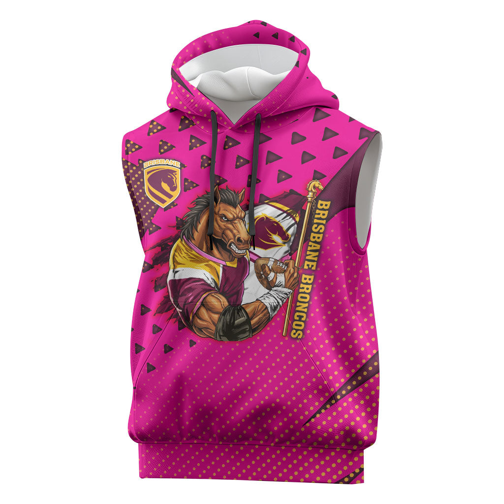 Custom Rugby Broncos Sleeveless Hoodie Muscular Horse Mascot With Flag In Pink