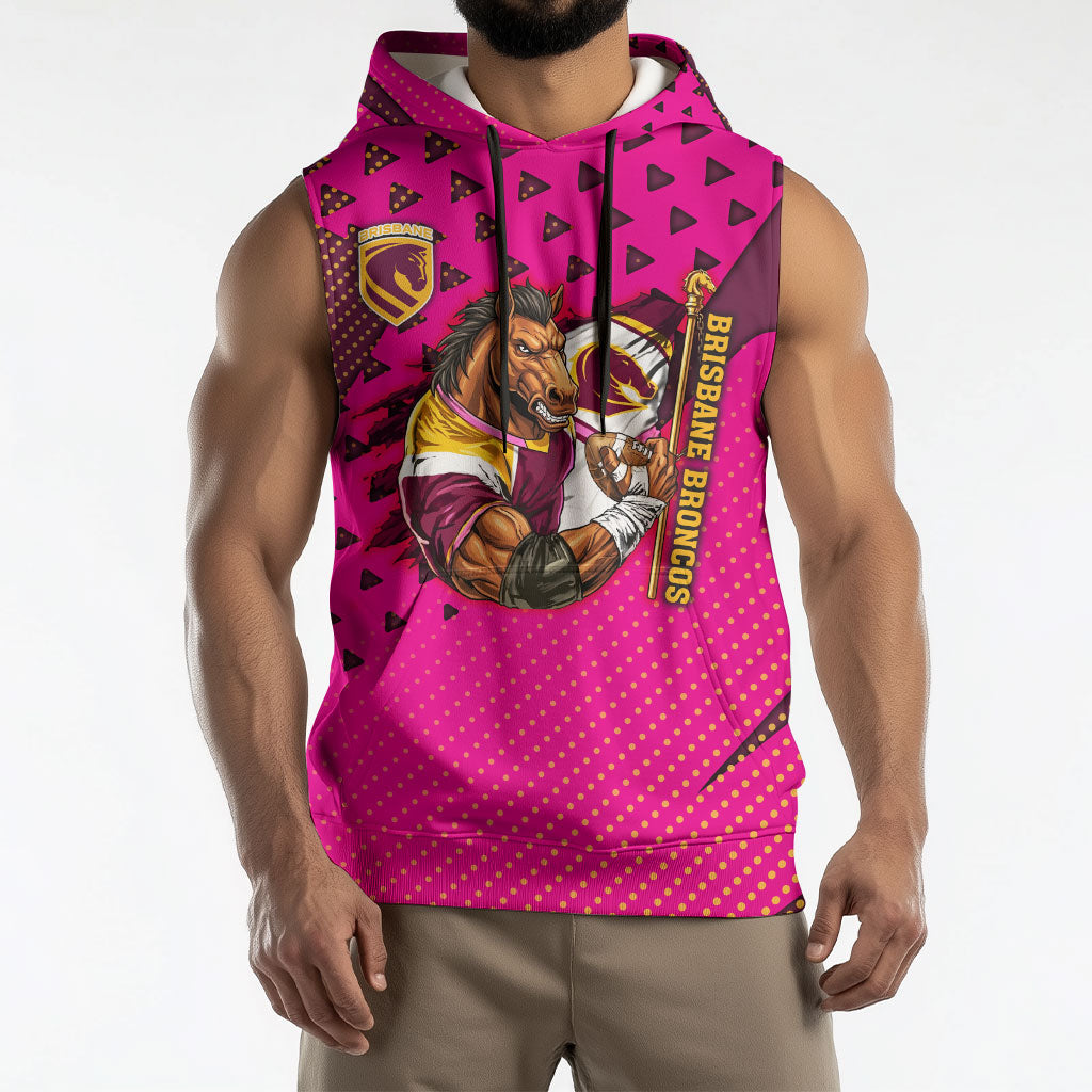 Custom Rugby Broncos Sleeveless Hoodie Muscular Horse Mascot With Flag In Pink