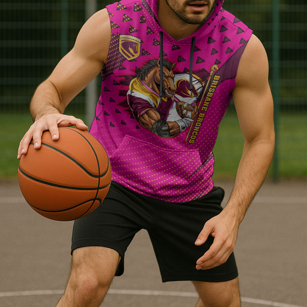 Custom Rugby Broncos Sleeveless Hoodie Muscular Horse Mascot With Flag In Pink