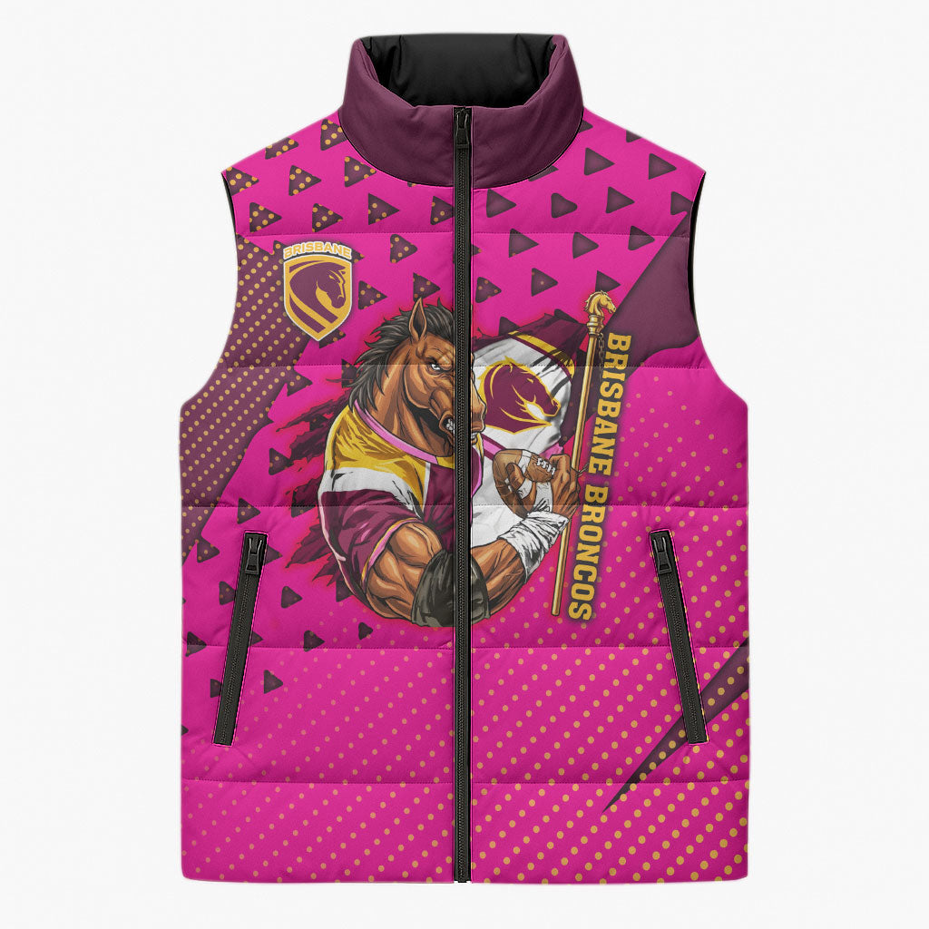 Custom Rugby Broncos Sleeveless Puffer Jacket Muscular Horse Mascot With Flag In Pink