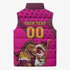 Custom Rugby Broncos Sleeveless Puffer Jacket Muscular Horse Mascot With Flag In Pink