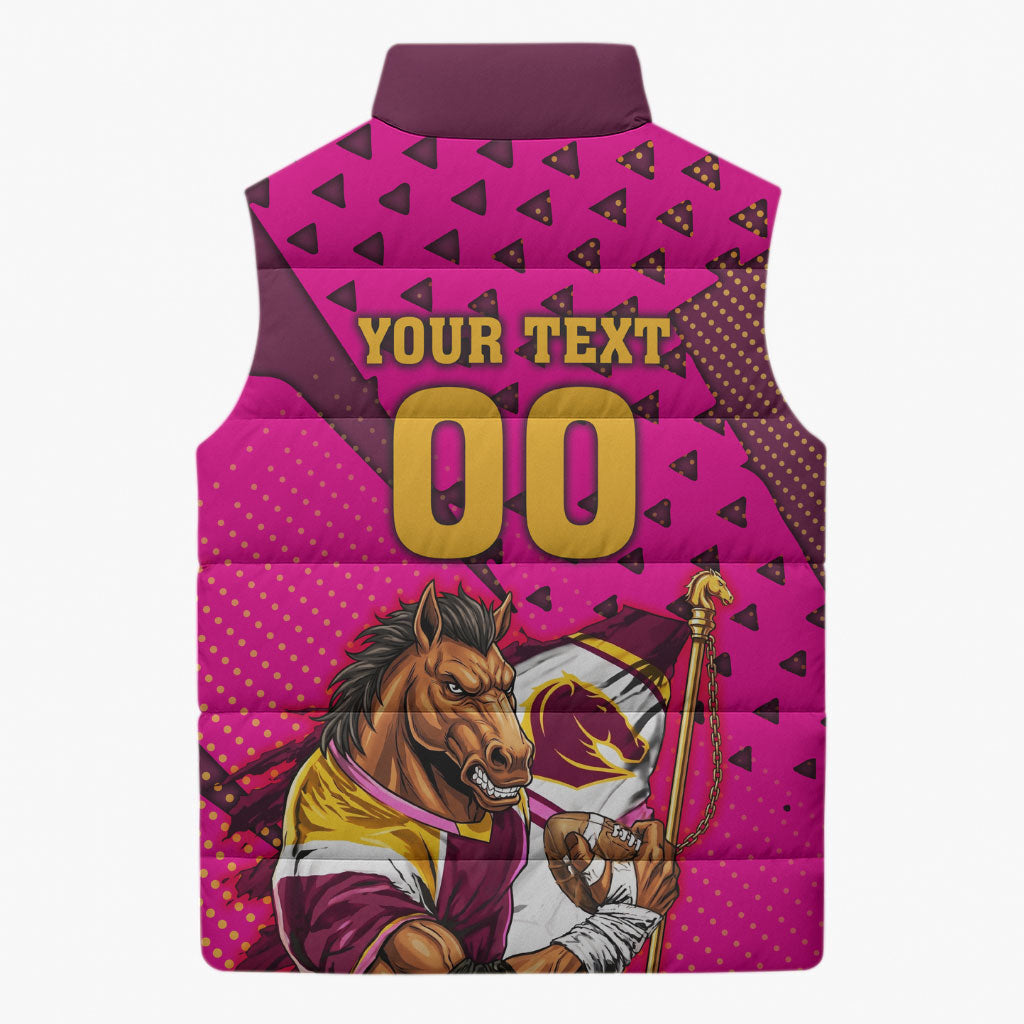 Custom Rugby Broncos Sleeveless Puffer Jacket Muscular Horse Mascot With Flag In Pink