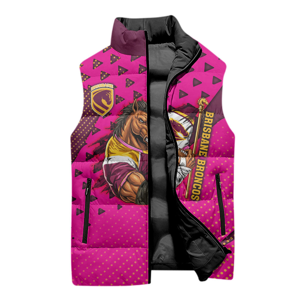 Custom Rugby Broncos Sleeveless Puffer Jacket Muscular Horse Mascot With Flag In Pink