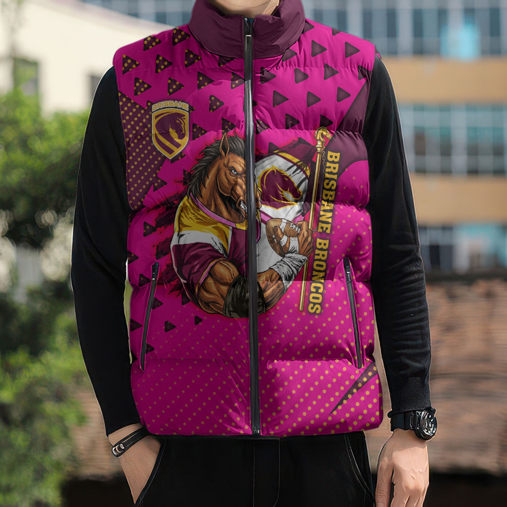 Custom Rugby Broncos Sleeveless Puffer Jacket Muscular Horse Mascot With Flag In Pink