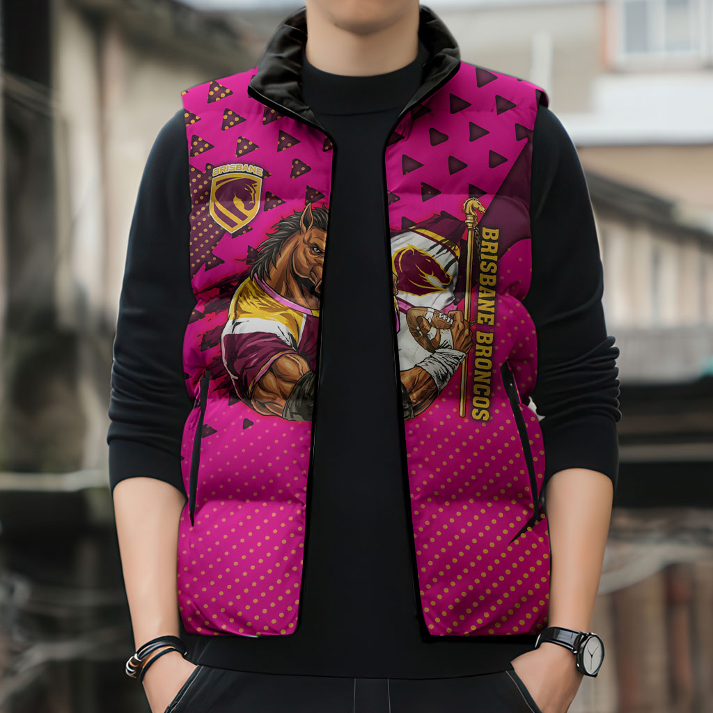 Custom Rugby Broncos Sleeveless Puffer Jacket Muscular Horse Mascot With Flag In Pink