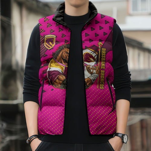Custom Rugby Broncos Sleeveless Puffer Jacket Muscular Horse Mascot With Flag In Pink