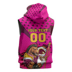 Custom Rugby Broncos Sleeveless Zip Hoodie Muscular Horse Mascot With Flag In Pink