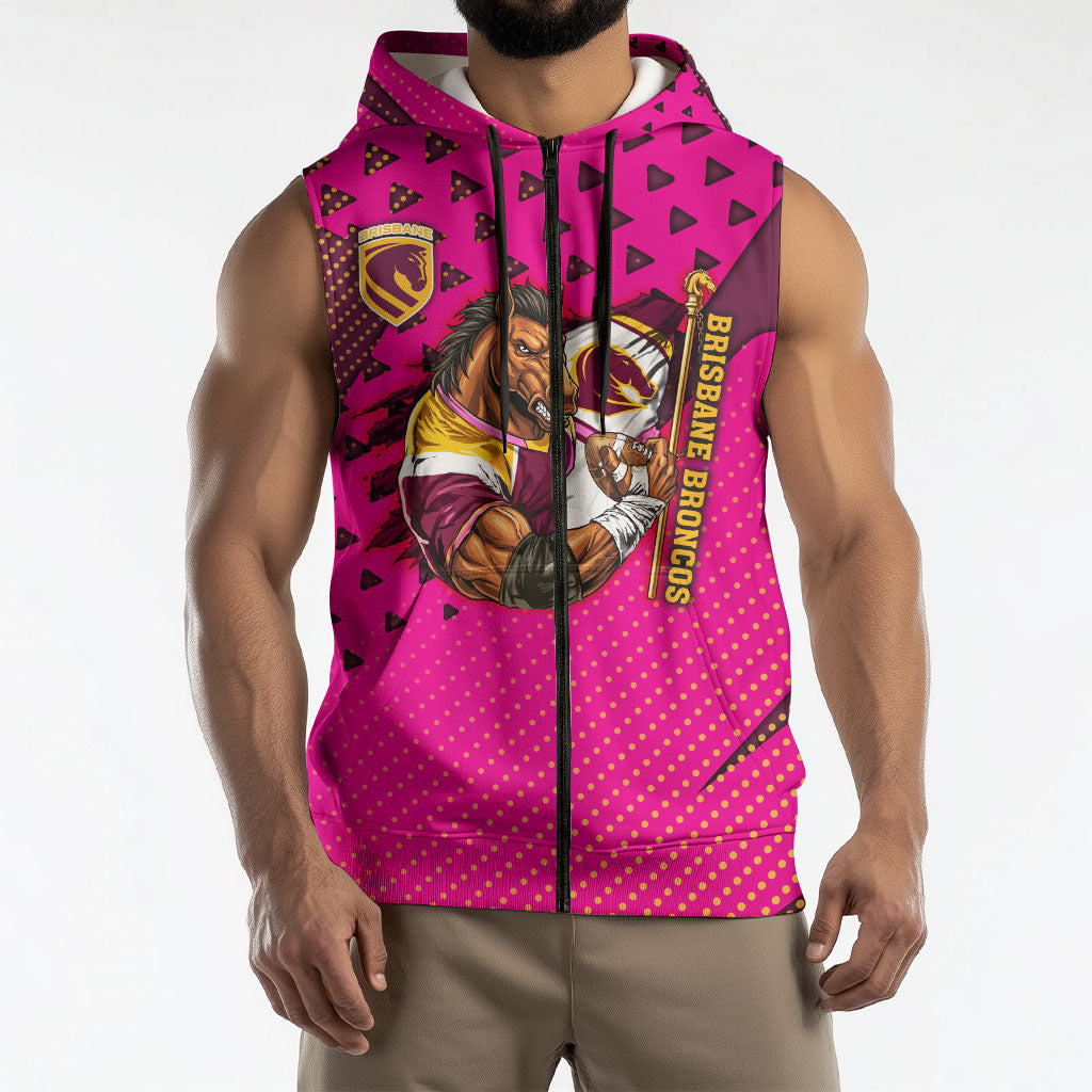 Custom Rugby Broncos Sleeveless Zip Hoodie Muscular Horse Mascot With Flag In Pink