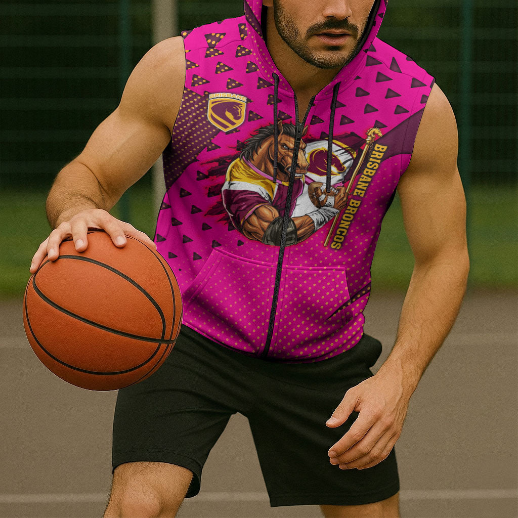 Custom Rugby Broncos Sleeveless Zip Hoodie Muscular Horse Mascot With Flag In Pink