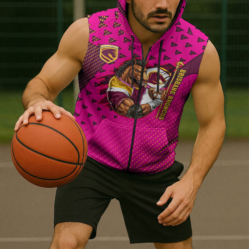 Custom Rugby Broncos Sleeveless Zip Hoodie Muscular Horse Mascot With Flag In Pink