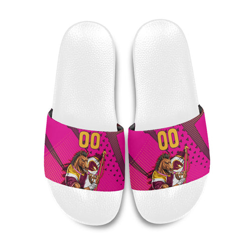 Custom Rugby Broncos Slide Sandals Muscular Horse Mascot With Flag In Pink