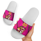 Custom Rugby Broncos Slide Sandals Muscular Horse Mascot With Flag In Pink