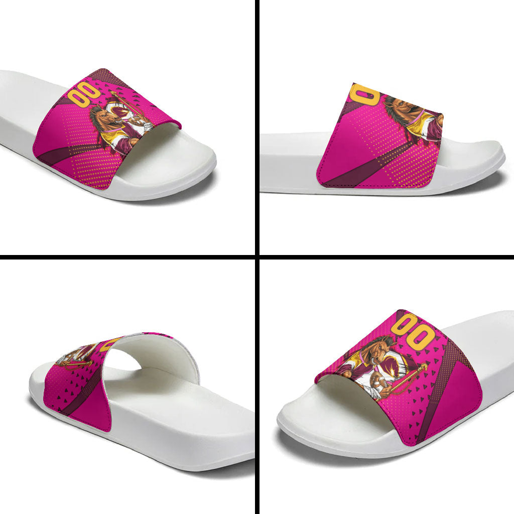 Custom Rugby Broncos Slide Sandals Muscular Horse Mascot With Flag In Pink