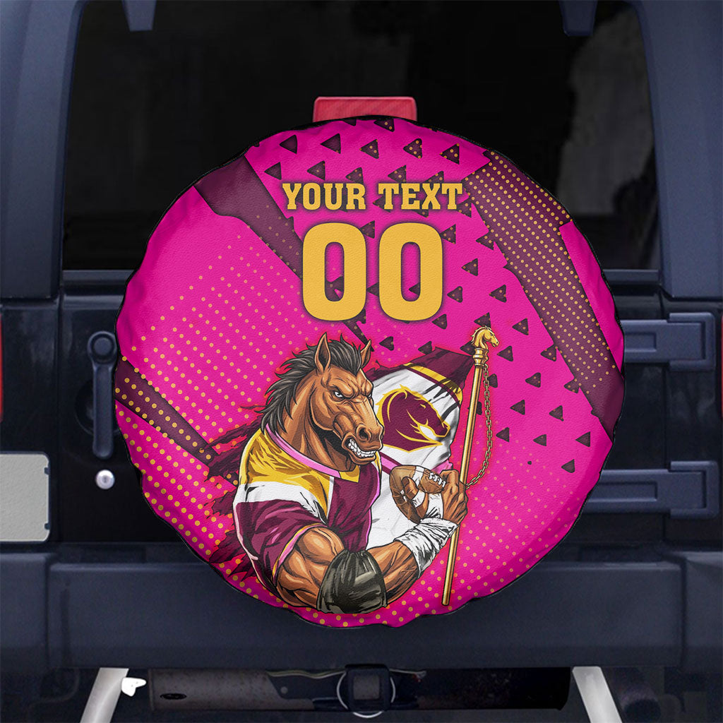 Custom Rugby Broncos Spare Tire Cover Muscular Horse Mascot With Flag In Pink