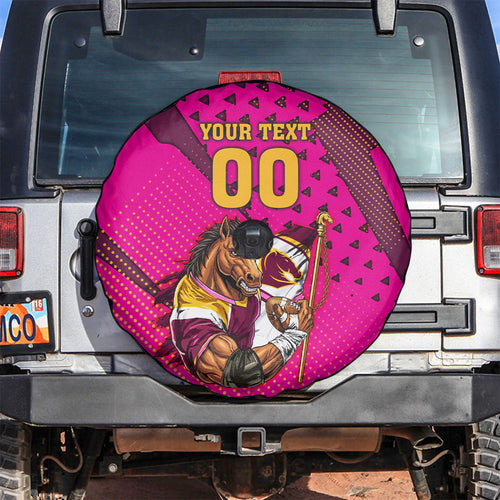 Custom Rugby Broncos Spare Tire Cover Muscular Horse Mascot With Flag In Pink